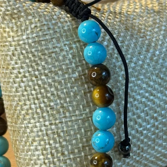 Turquoise and Yellow Tiger Eye Men’s Beaded Bracelet - Picture 2 of 5